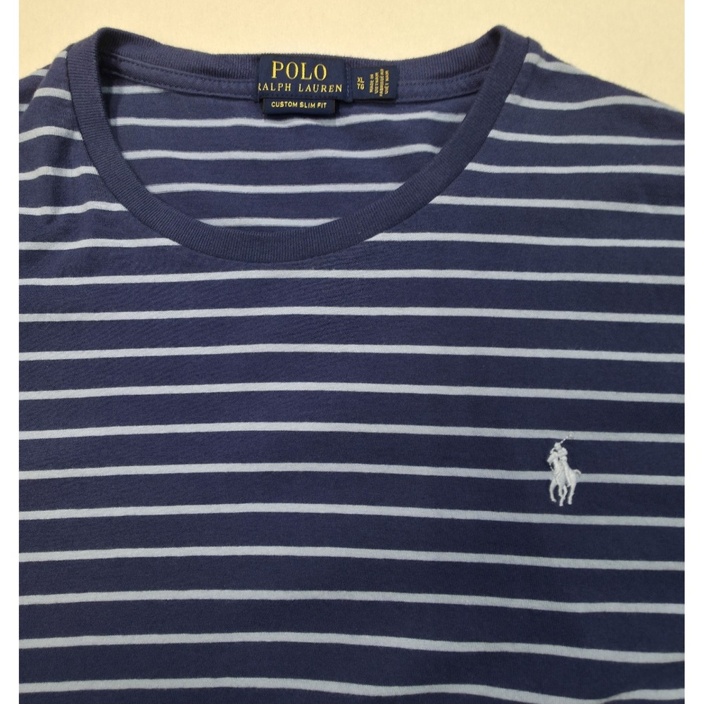 Polo Ralph Lauren Shirt Mens XL Custom Slim Fit Blue on Blue Striped Crew Neck‎